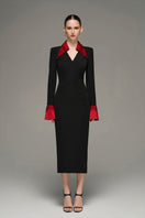 Black and red V-neck flared cuff knee-length midi dress by I.H.F Studio, showcasing a stylish and elegant design.
