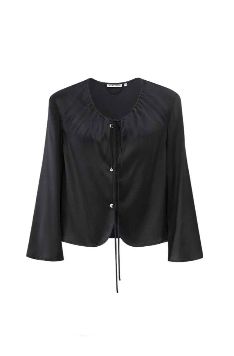 ROUND-NECK DRAWSTRING SILK LONG-SLEEVE SHIRT IN BLACK - CULT MIA
