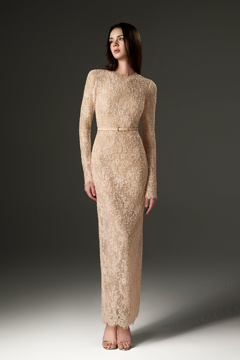 LONG SLEEVE MESH LACE MIDI DRESS IN BEIGE | CULT MIA | I.H.F Studio LONG SLEEVE MESH LACE MIDI DRESS IN BEIGE | CULT MIA | I.H.F Studio