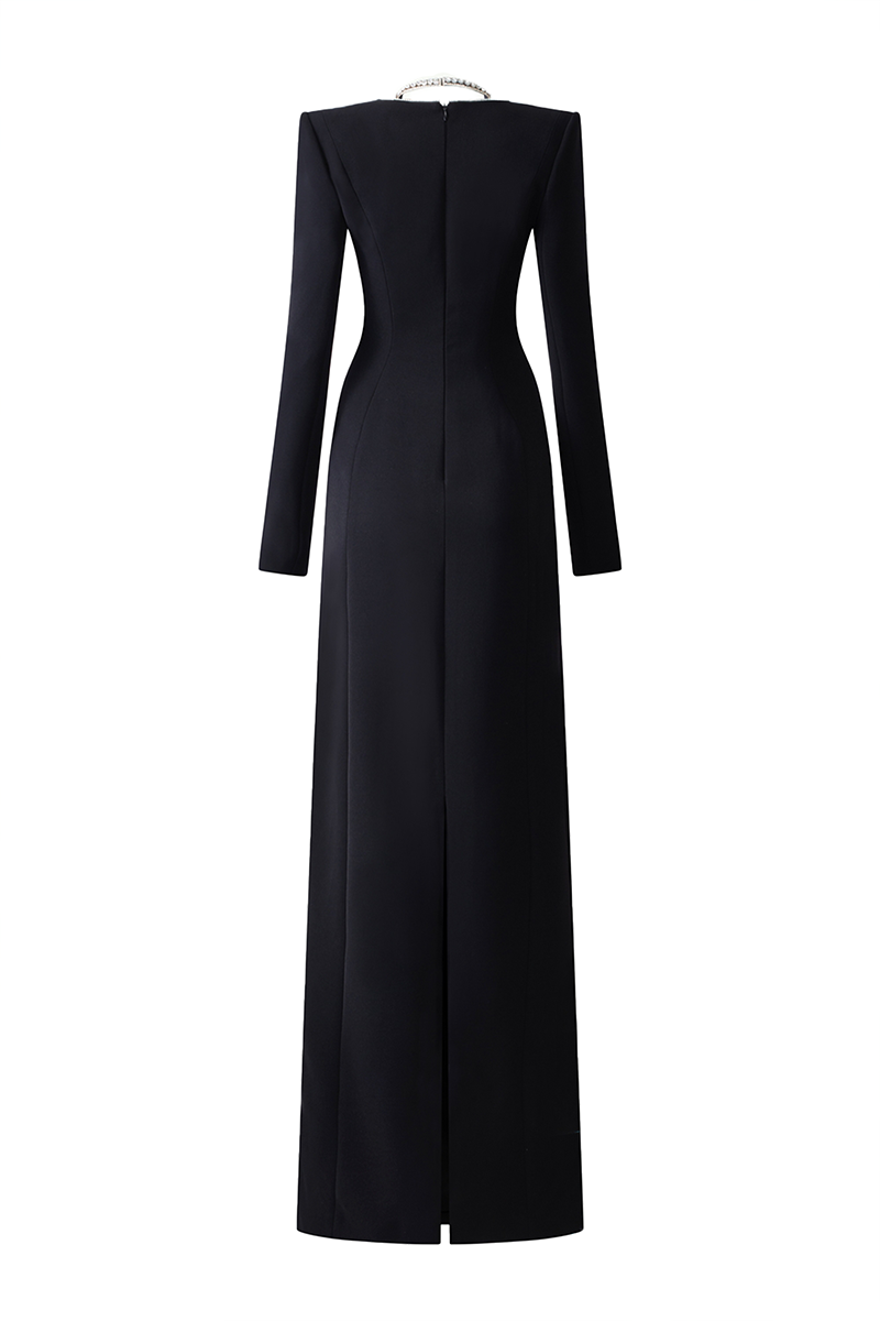 BLACK LONG SLEEVE BACK SLIT GOWN - CULT MIA
