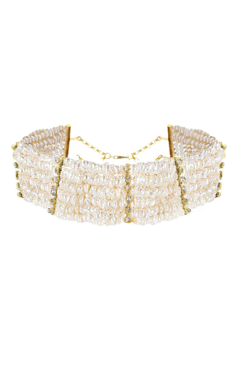 Peracas Patmos Waves Pearl Choker necklace with layered pearl strands and wave-shaped design, stylish jewelry accessory.