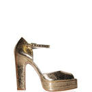 Terry de Havilland Lena gold heels with pointed toes and elegant strap design, stylish footwear for formal or evening wear.