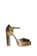 Terry de Havilland Lena gold heels with pointed toes and elegant strap design, stylish footwear for formal or evening wear.