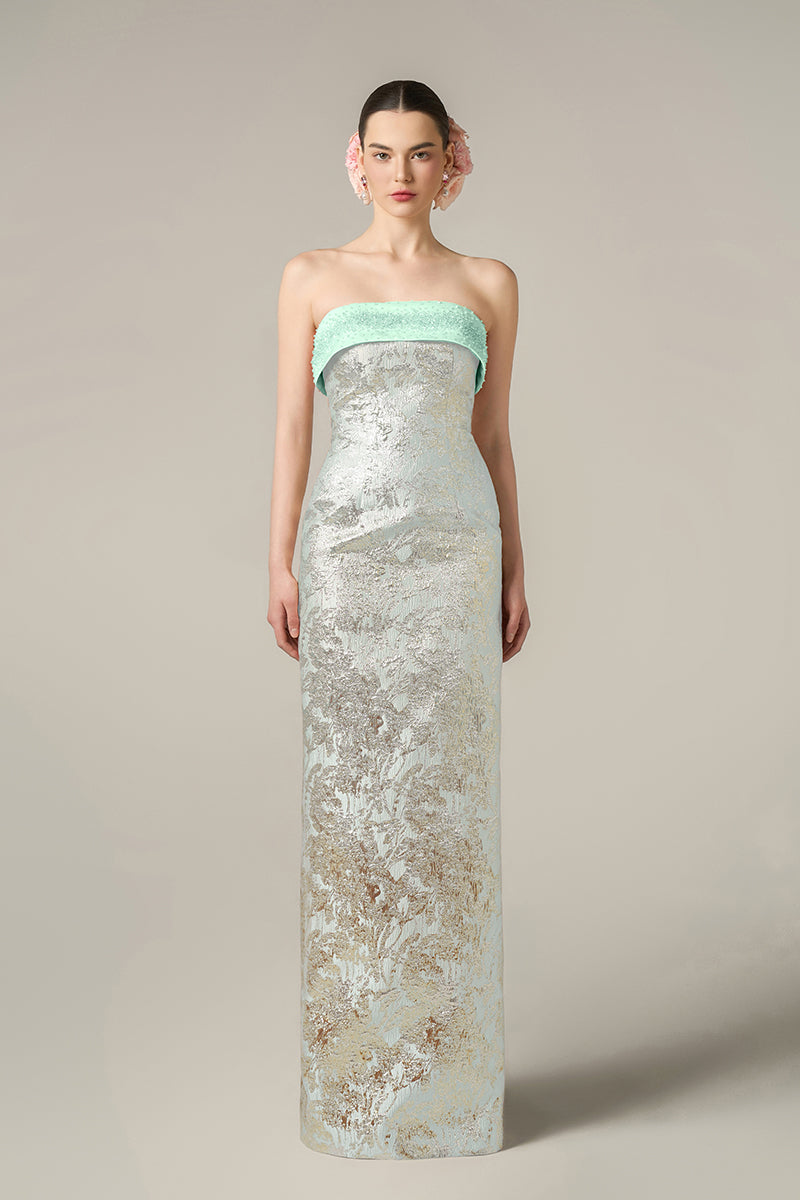 Green metallic jacquard and silk taffeta gown by I.H.F, featuring intricate fabric details and elegant design.