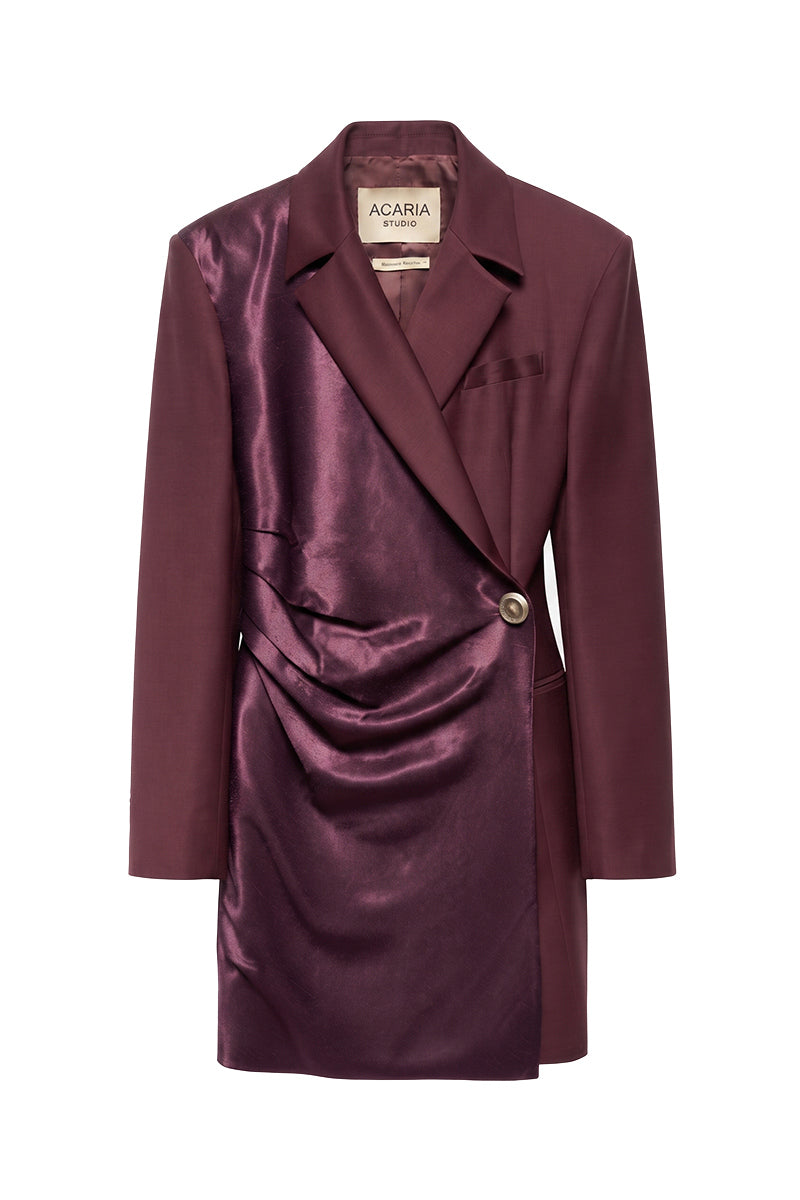 Acaria Studio Berry Blazer Dress in cherry color, a stylish mini dress with blazer details, shown on a model.