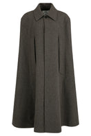 Brown long wool cape coat by JINSUN, featuring a flowing silhouette and classic design, displayed on a hanger.