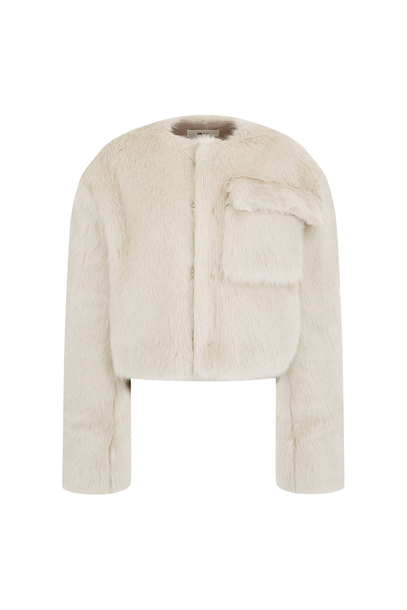 Beige JINSUN exaggerated shoulder shearling jacket with plush collar and oversized design, displayed on a hanger.