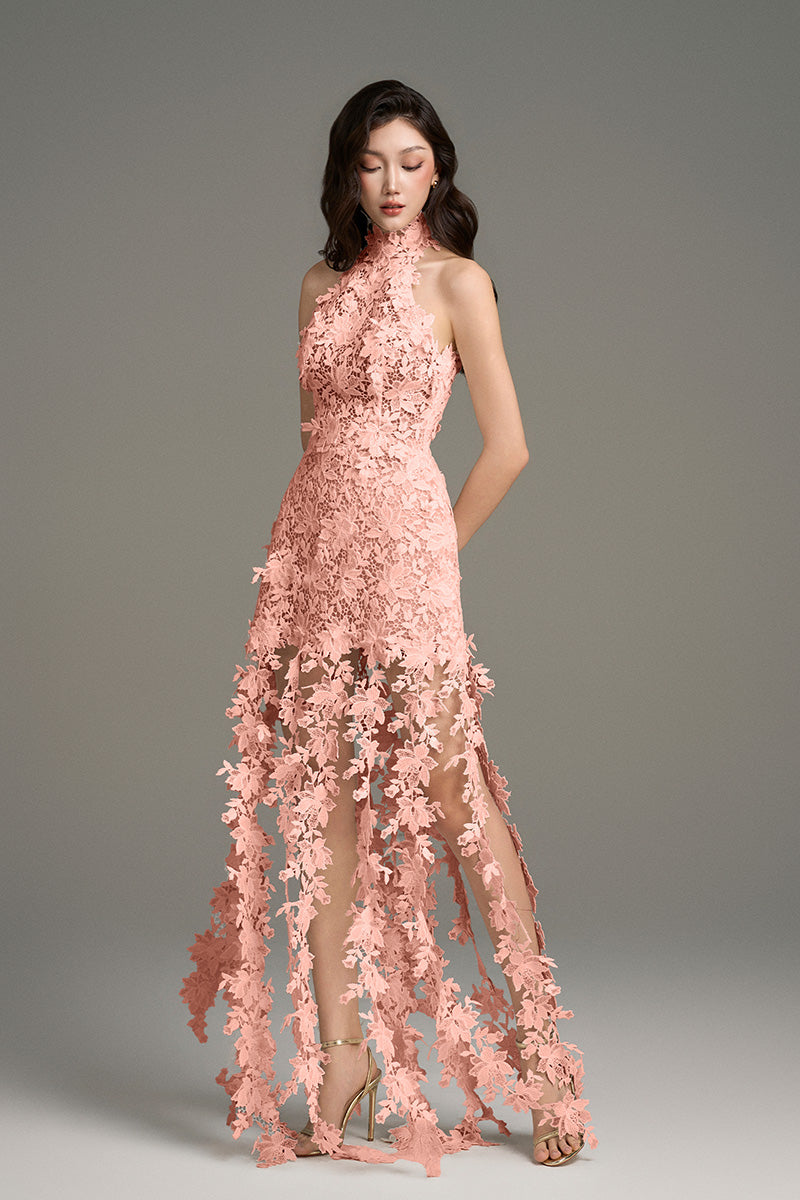 Pink floral lace maxi dress from I.H.F Studio's CULT MIA X I.H.F collection, featuring intricate lace details and a flowing silhouette.