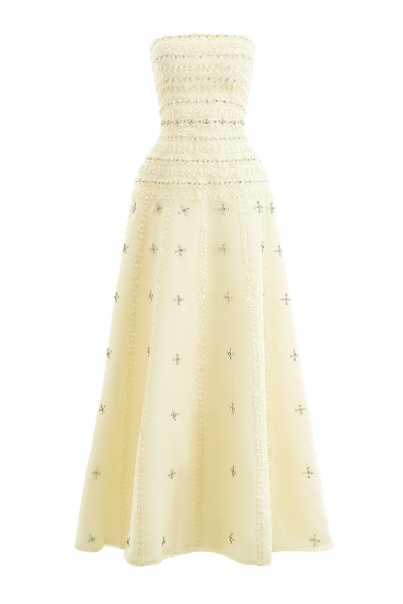 Light yellow terry strapless gown by HAPPY CLOTHING, CULT MIA X collection, made of elegant stone organza fabric.