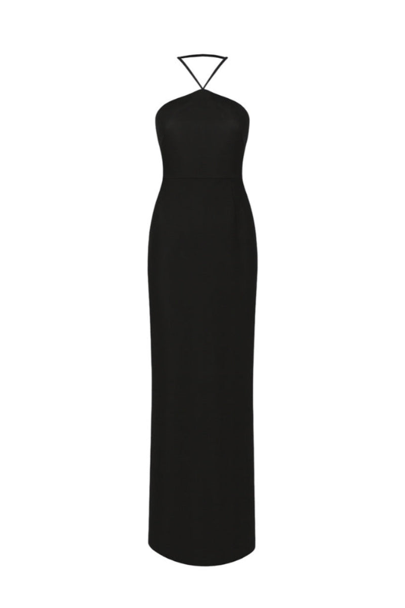 Black Violette long crepe maxi dress by Nazlı Ceren, featuring elegant flowing fabric and a fitted silhouette.