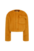 Orange JINSUN exaggerated shoulder shearling jacket with plush fur collar and oversized design, shown on a model.