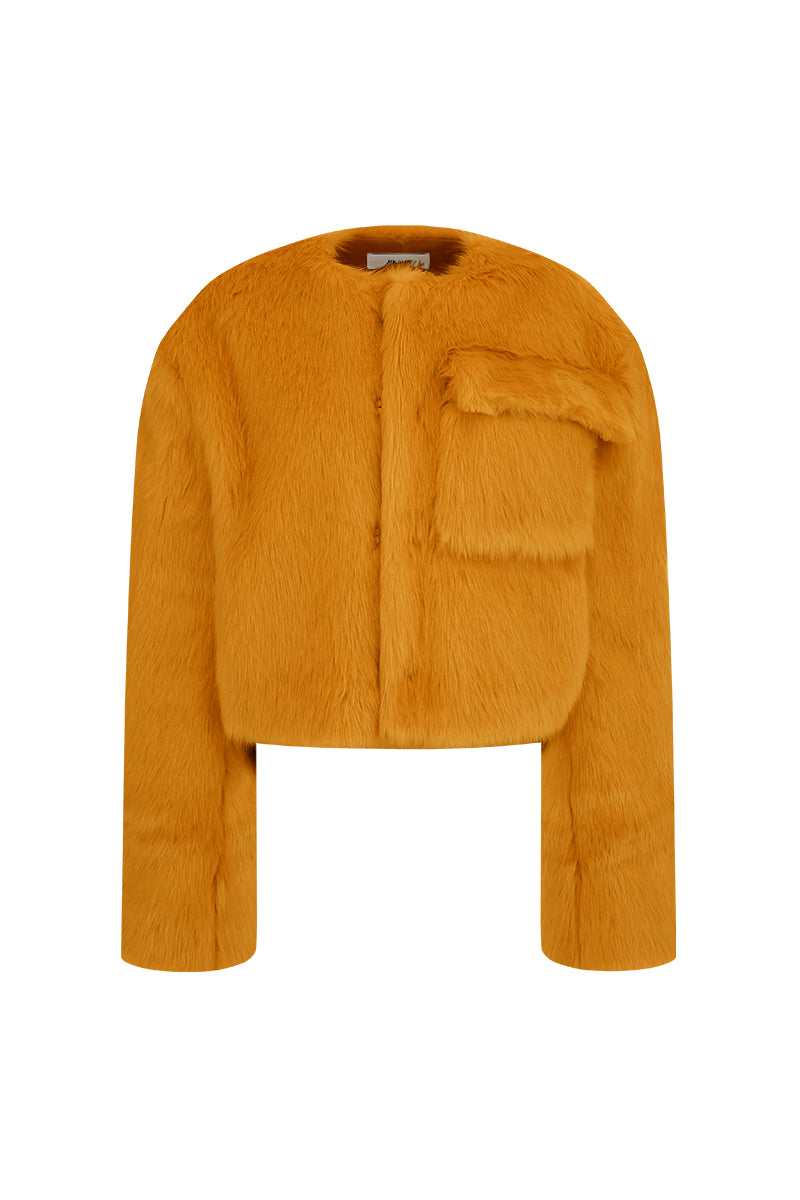 Orange JINSUN exaggerated shoulder shearling jacket with plush fur collar and oversized design, shown on a model.