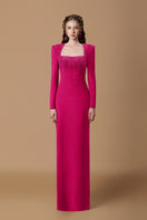 Pink crepe de chine silk-lined gown by I.H.F, shown with flowing fabric and elegant design details.