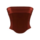Nazlı Ceren Bridget satin copper brown corset top with structured design and satin finish, close-up view of the stylish upper garment.
