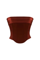 Nazlı Ceren Bridget satin copper brown corset top with structured design and satin finish, close-up view of the stylish upper garment.