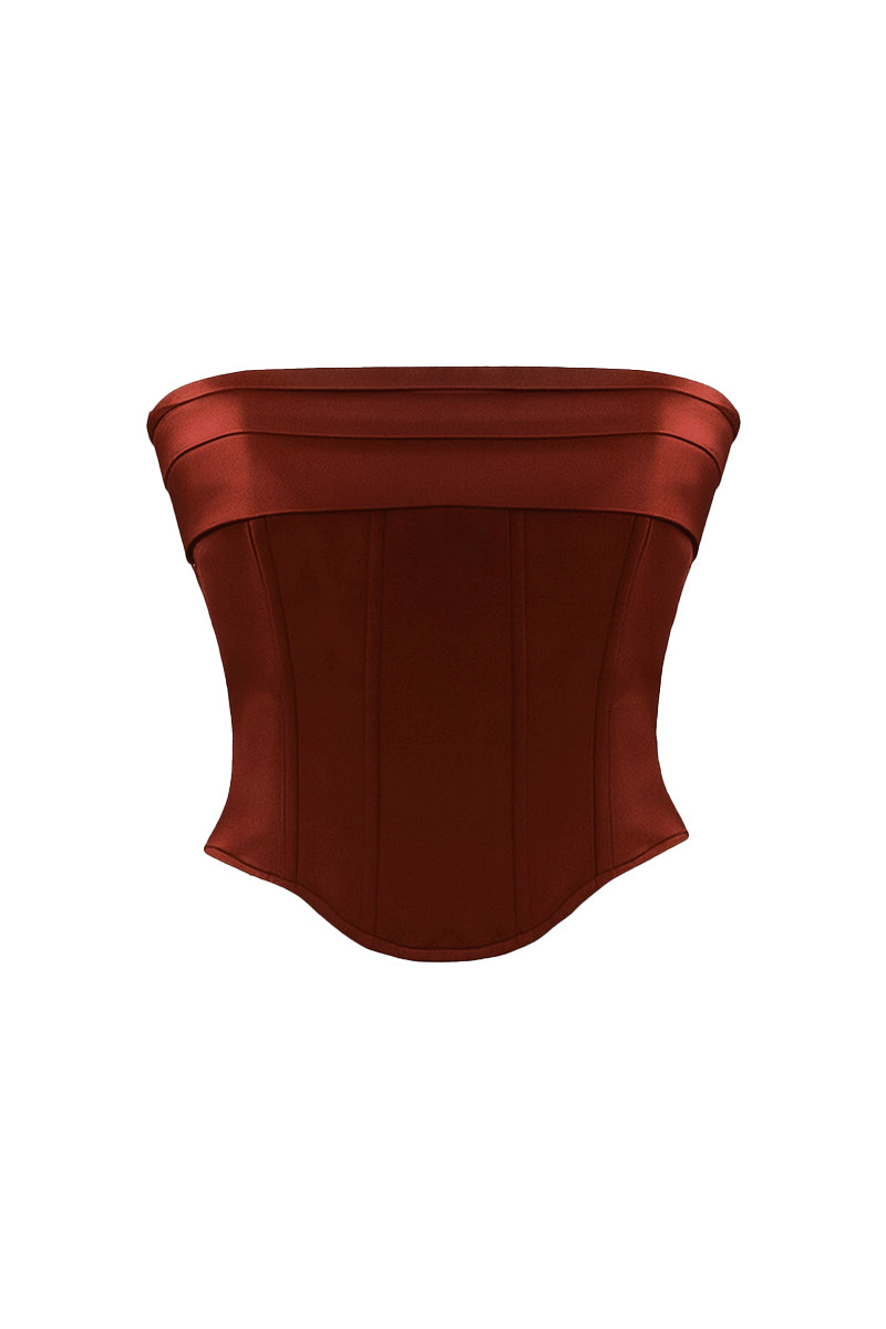 Nazlı Ceren Bridget satin copper brown corset top with structured design and satin finish, close-up view of the stylish upper garment.