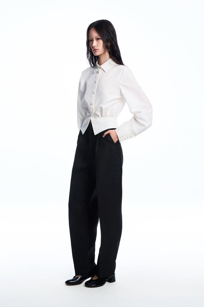 Chictopia sculpted waist shirt with fitted design, featuring a tailored silhouette and classic button-up style.