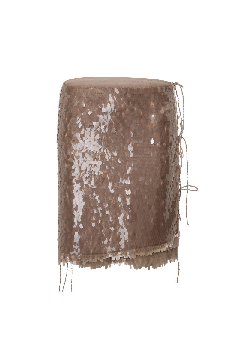 Suncillo brown sequins midi skirt with a stylish, shimmering design, perfect for elegant or festive occasions.