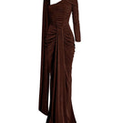 Khanum's brown gown from the KEMMIYE dress collection, featuring elegant fabric and detailed design on a stylish formal gown.