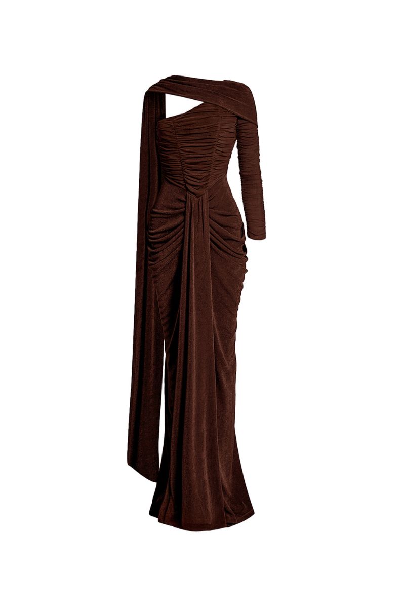 KEMMIYE brown maxi dress by Khanum's, flowing fabric with long sleeves and elegant design, displayed on a hanger.