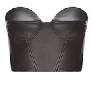 Black faux leather mini corset top by ELENAREVA featuring a fitted design and adjustable straps.