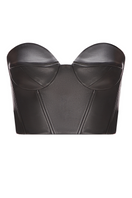Black faux leather mini corset top by ELENAREVA featuring a fitted design and adjustable straps.