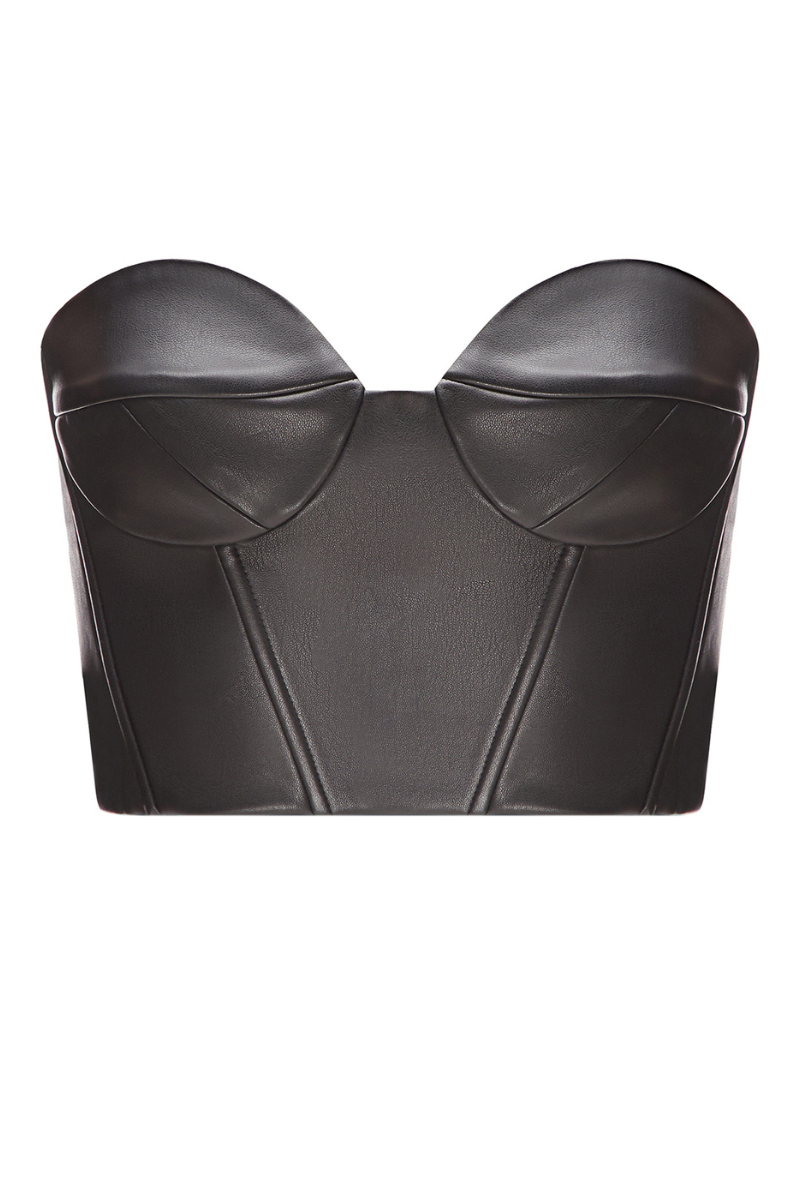 Black faux leather mini corset top by ELENAREVA featuring a fitted design and adjustable straps.