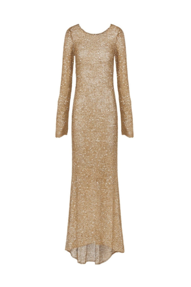 Nazlı Ceren Riona maxi dress in antique bronze with flowing fabric and elegant design, perfect for stylish occasions