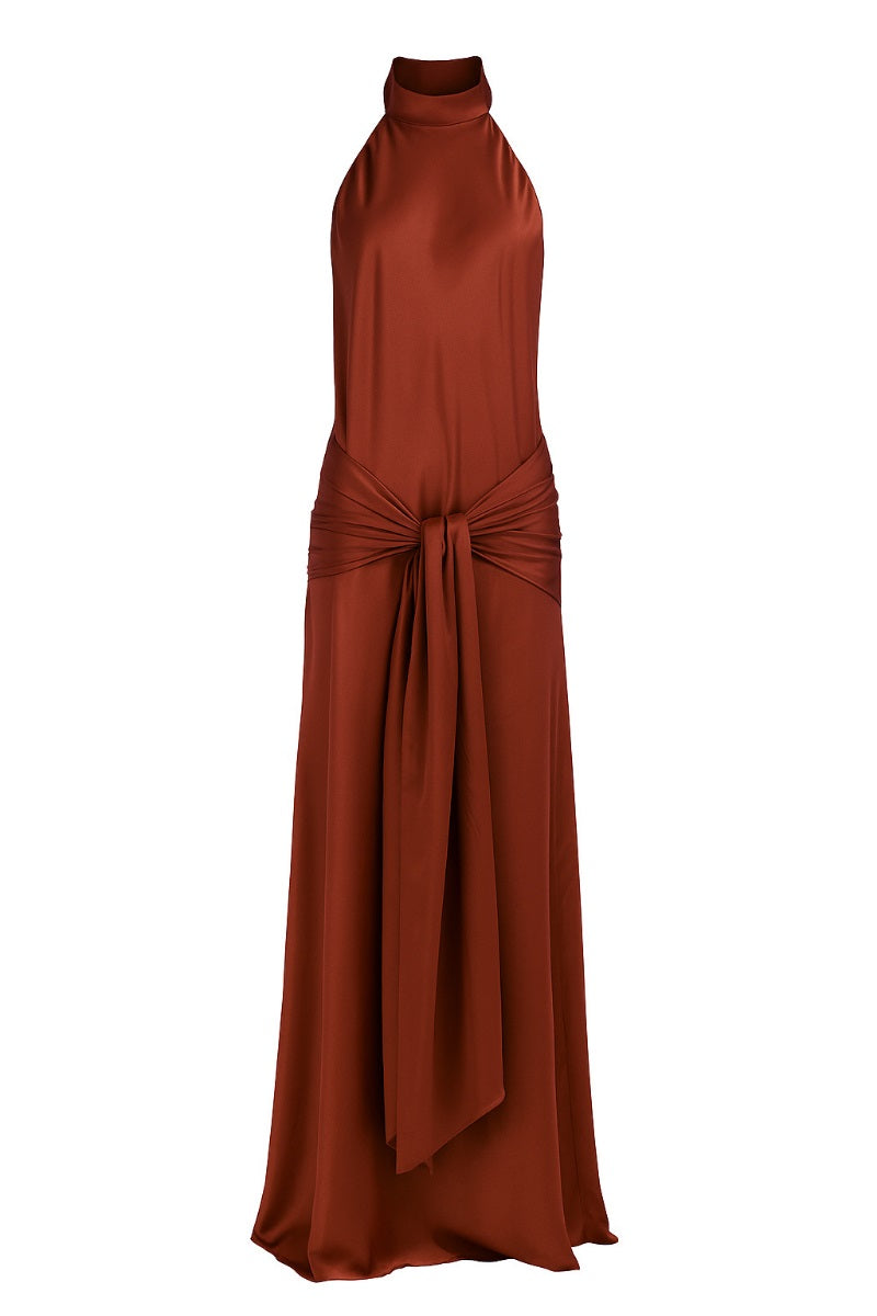 Dark red Kontenta Lilian slip maxi dress with a flowing silhouette, sleeveless design, and elegant fabric.