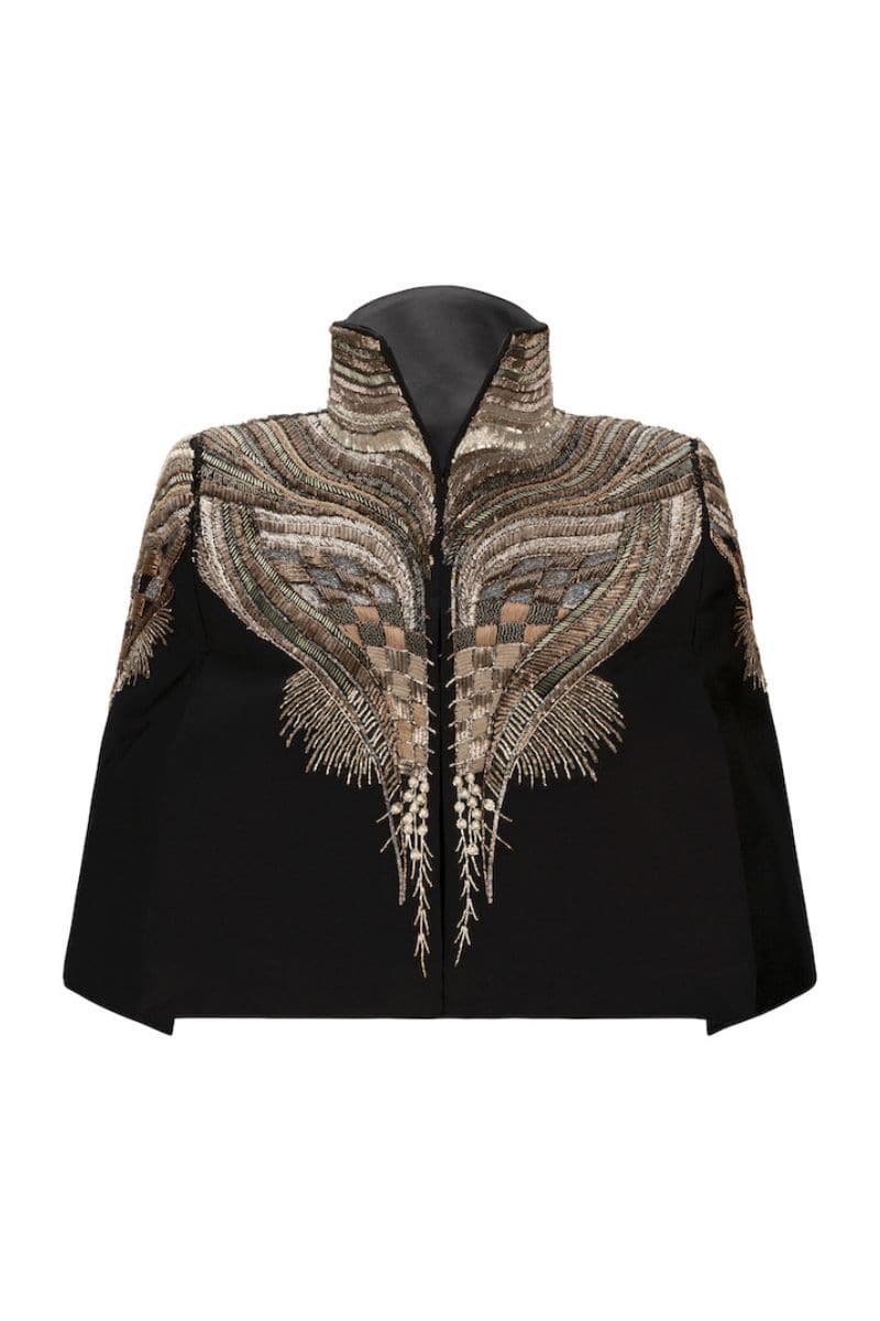 Nadya Shah All About Eve cape jacket featuring a stylish, flowing design with a textured fabric and open front.