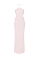 Nazlı Ceren violette long crepe maxi dress in powder pink, flowing design with elegant long sleeves and a fitted waist.