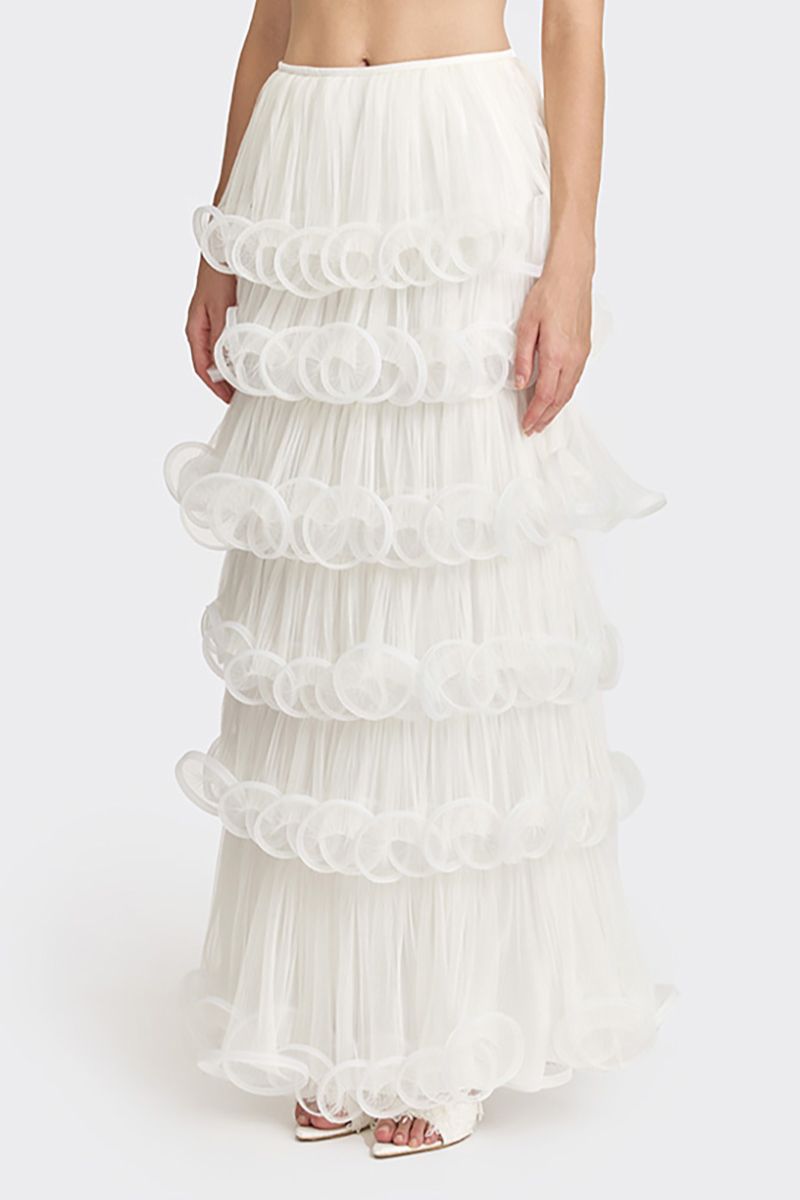 Off-white Stolen Stores MS. Tutu maxi skirt with flowing fabric and elegant design, shown on a model.