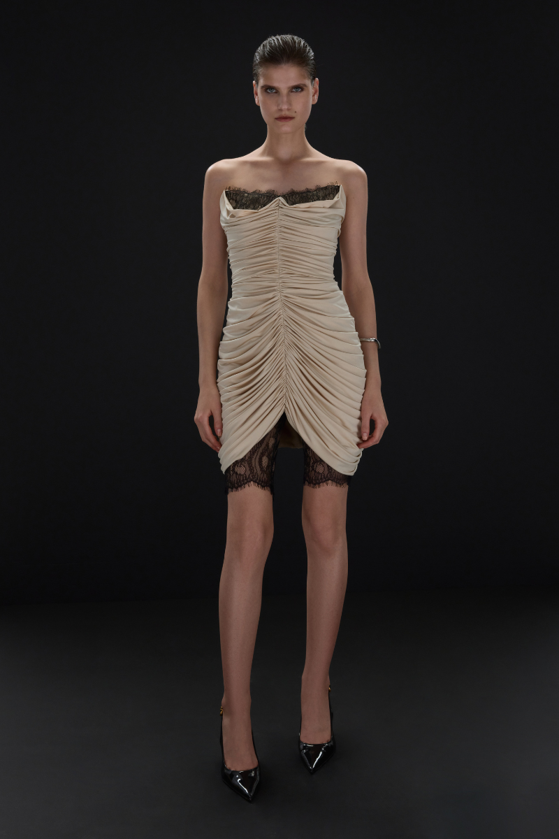 Beige Eden mini dress by Balykina, featuring a stylish, lightweight design perfect for casual or semi-formal occasions.