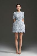Blue I.H.F Studio sequin floral lace and silk taffeta mini dress, showcasing intricate lace details and elegant fabric textures.