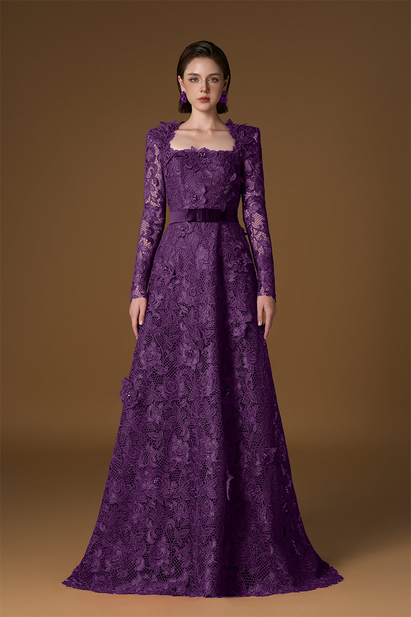 V-NECK A-LINE LACE GOWN WITH LONG SLEEVES IN PURPLE