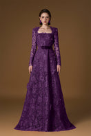 Purple V-neck A-line lace gown with long sleeves from I.H.F, featuring intricate lace details and a flowing silhouette.