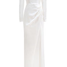Elegant black Cult Mia x Monetre draped gown with flowing fabric and sophisticated design, perfect for formal occasions.