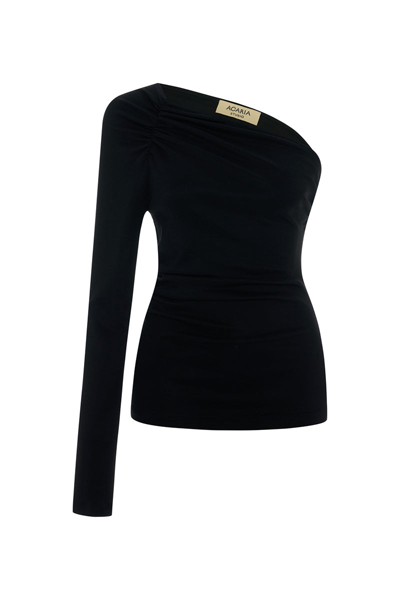 Black UMBRA TOP by Acaria Studio featuring a sleek, modern design and soft fabric, shown on a model.