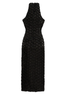 Black Onalaja Amari pleated midi dress with a fitted bodice and flowing skirt, displayed on a neutral background.