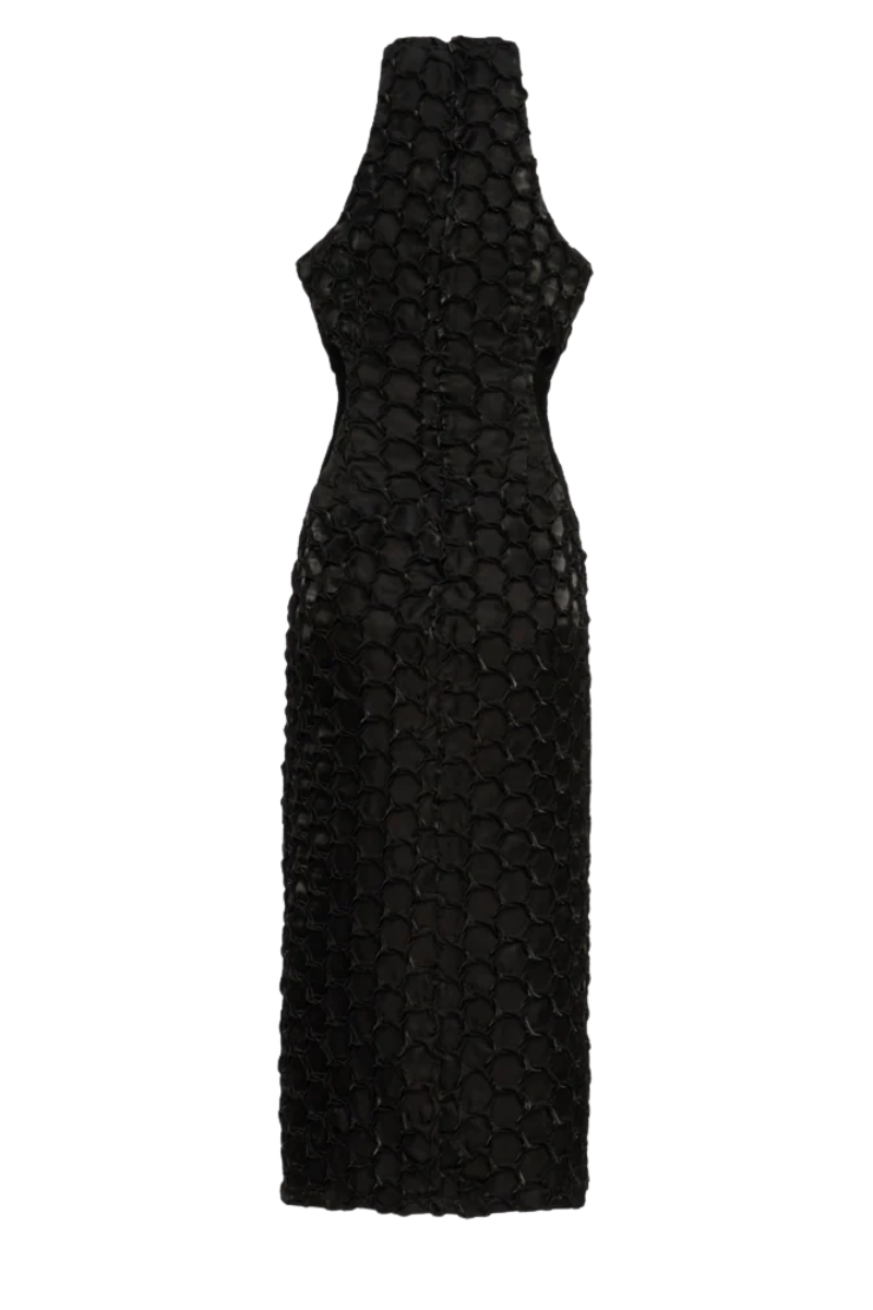 Black Onalaja Amari pleated midi dress with a fitted bodice and flowing skirt, displayed on a neutral background.