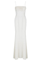 Ivory botanic embellished cupro gown by JINSUN, featuring intricate floral details and flowing fabric.