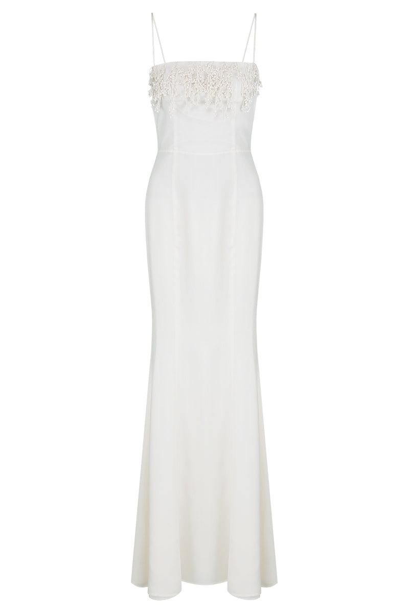 Ivory botanic embellished cupro gown by JINSUN, featuring intricate floral details and flowing fabric.