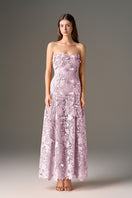 Purple floral garden strapless maxi dress by I.H.F Studio featuring an A-line silhouette and elegant design.