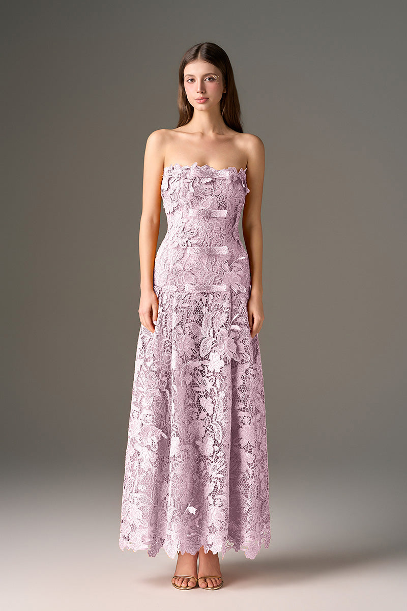 Purple floral garden strapless maxi dress by I.H.F Studio featuring an A-line silhouette and elegant design.