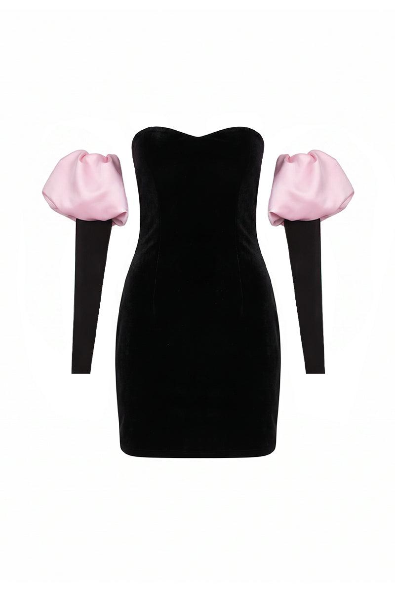 Nur Karaata Isadora Mini Dress displayed on a hanger, showcasing a stylish short dress with a fitted silhouette and trendy design.