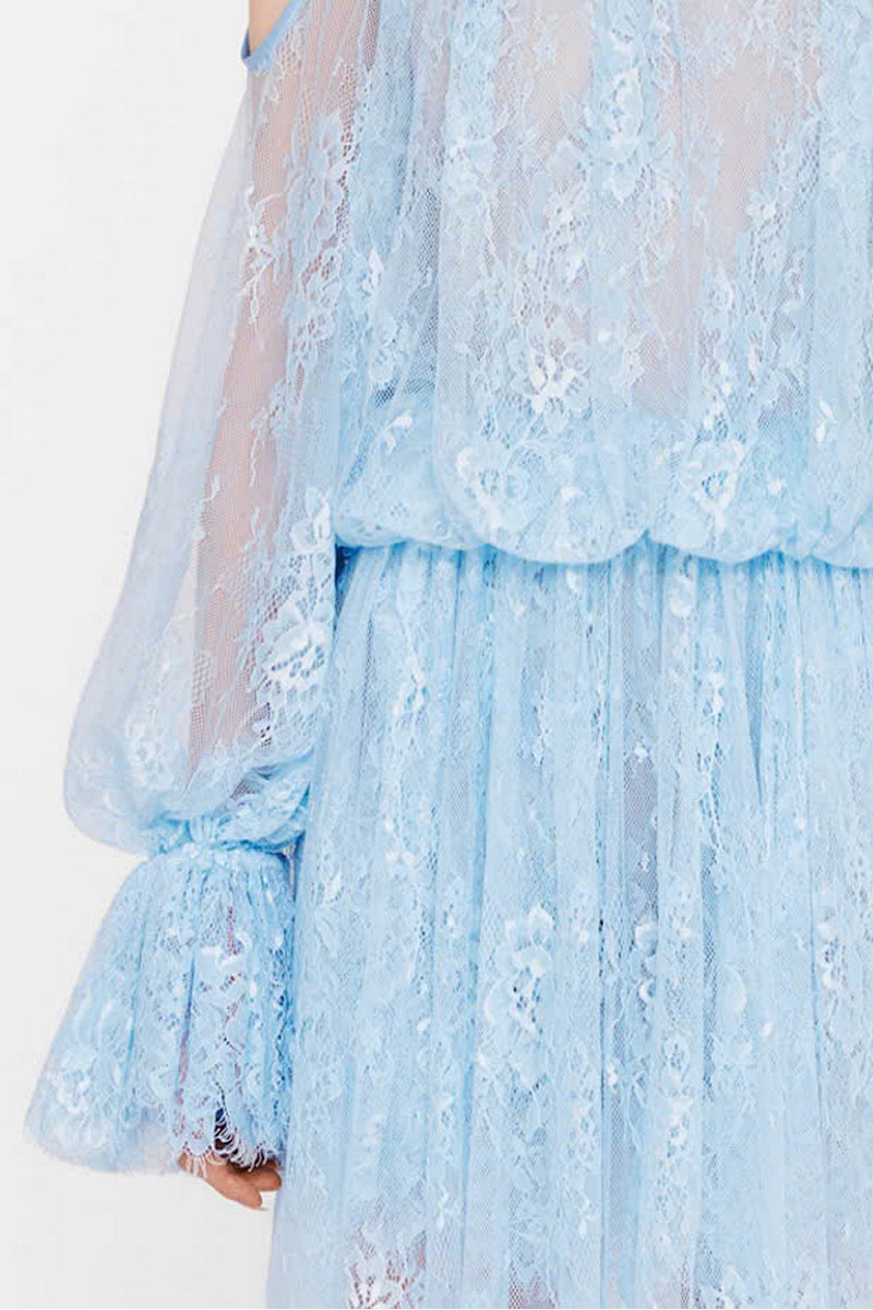 Valenciani ice blue cold shoulder maxi lace dress with floral lace details and flowing silhouette, perfect for elegant occasions.