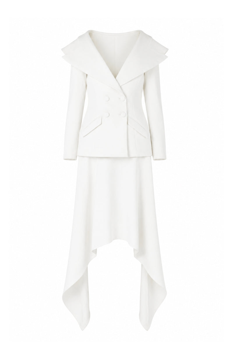 Lili Blanc crepe blazer shown on a hanger, featuring a tailored fit with a classic lapel and sleek design.