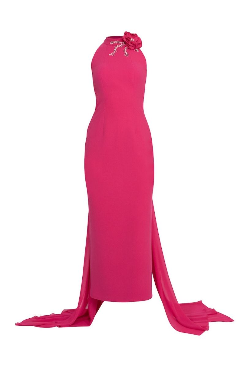 FUCHSIA HALTERNECK WITH LONG CAPE MAXI DRESS - CULT MIA