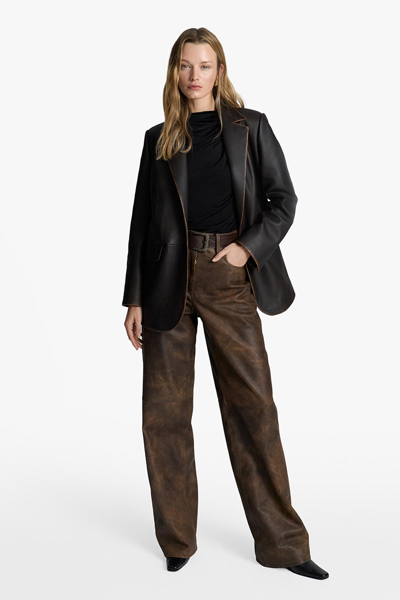 Acaria Studio root washed leather pants, stylish men's or women's pants with a smooth leather finish and modern fit.