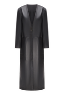 Black faux leather coat by ELENAREVA, stylish and sleek with a smooth texture, front zipper, and classic collar detail.